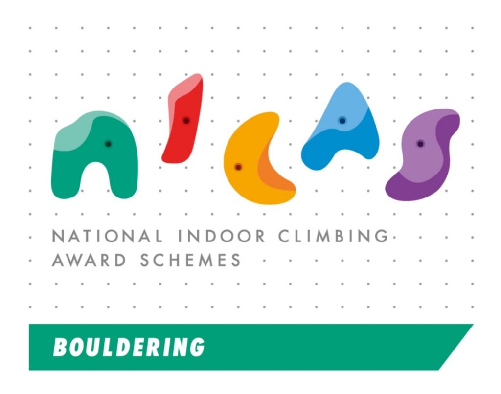 Teal banner with "Bouldering" in white letters under NICAS logo, representing the NICAS Bouldering scheme